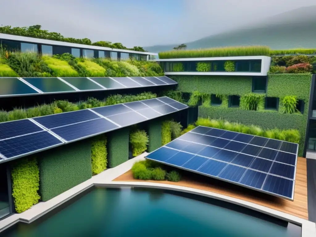 Visión futurista: complejo sostenible con paneles solares y muros verdes Arquitectura sostenible en valorización inmobiliaria: complejo moderno con paneles solares, muros verdes y sistema de reciclaje de agua