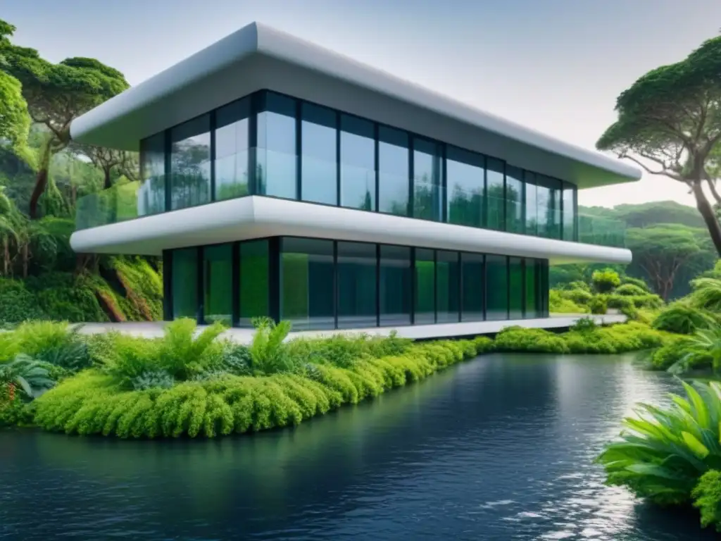 Edificio ecofriendly futurista: diseño sostenible y moderno Arquitectura sostenible en valorización inmobiliaria: Edificio futurista ecoamigable con paneles solares y vegetación exuberante