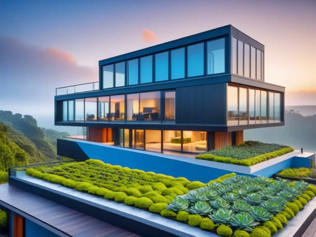 Edificio sostenible: diseño moderno y eco-amigable Arquitectura sustentable casos éxito: Edificio moderno con diseño innovador, paneles solares, techo verde y sistema de recolección de agua