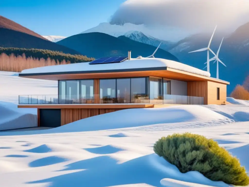 Vivienda sostenible en clima extremo: diseño moderno en nieve Arquitectura sustentable en climas extremos: casa moderna en la nieve con paneles solares y turbina eólica