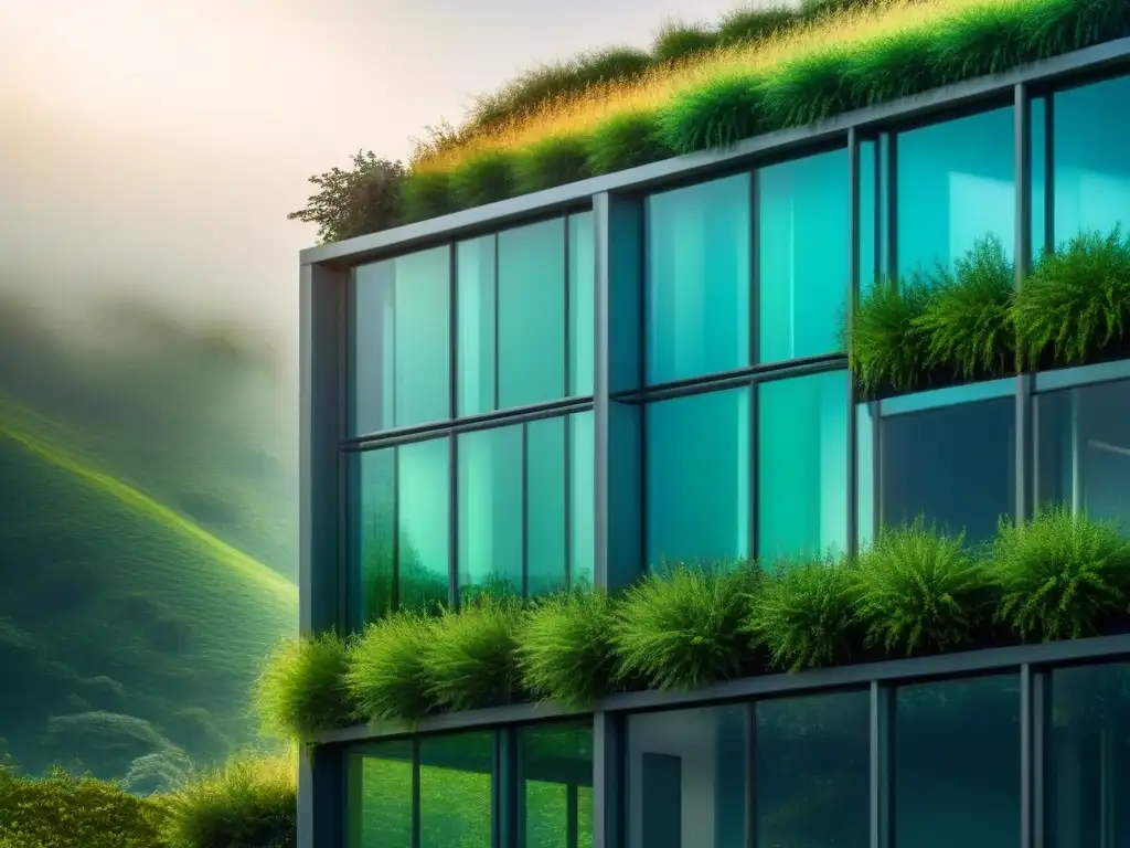 Edificio futurista sostenible: diseño eco-moderno Arquitectura sustentable: diseño futurista con muros verdes, paneles solares y ventanales, en perfecta armonía con la naturaleza