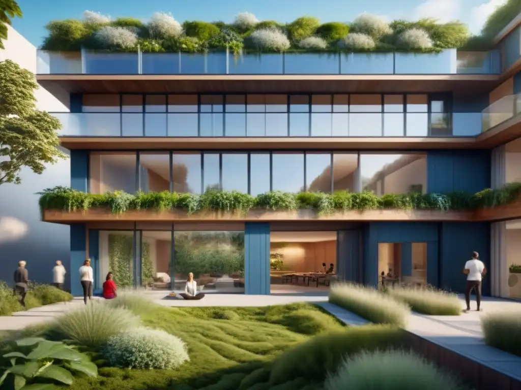 Arquitectura sostenible: edificio moderno en entorno verde Arquitectura sustentable: edificio ecofriendly con jardín vertical, paneles solares y personas disfrutando de actividades al aire libre