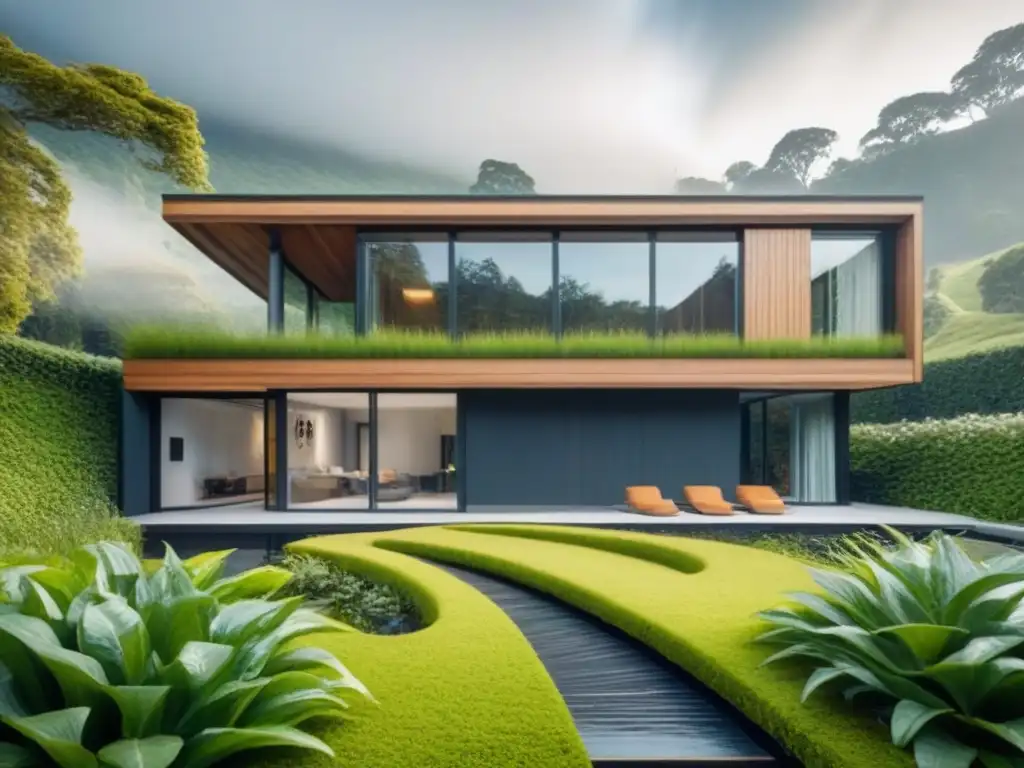 Arquitectura sostenible: diseño moderno en armonía con la naturaleza Arquitectura sustentable: edificio moderno con diseño ecofriendly y elementos verdes, integrado armoniosamente en la naturaleza