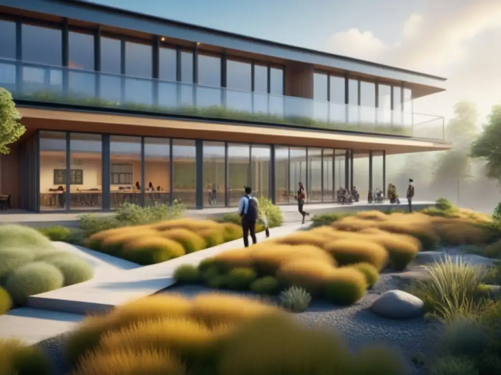 Escuela sostenible: diseño innovador en 8k Arquitectura sustentable: escuela con paneles solares, techos verdes y estudiantes aprendiendo al aire libre entre la naturaleza