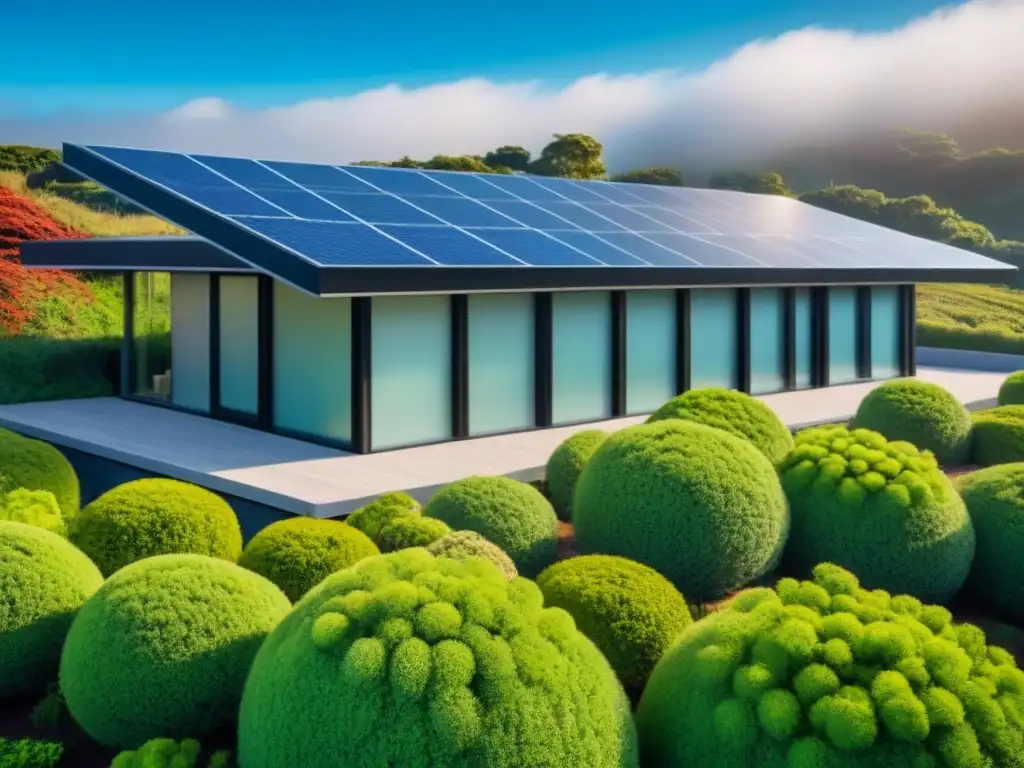 Arquitectura ecofriendly: diseño moderno y sostenible en un entorno natural Arquitectura sustentable en valorización inmobiliaria: Edificio contemporáneo ecofriendly con paneles solares, vegetación exuberante y cielo azul