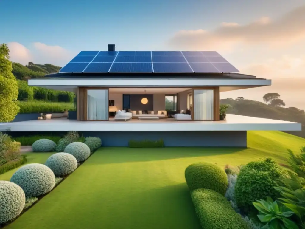 Casa ecológica de lujo entre vegetación exuberante y cielo azul Arquitectura sustentable en valorización inmobiliaria: casa moderna ecofriendly con paneles solares, rodeada de vegetación y cielo azul