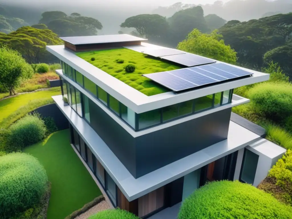 Arquitectura sostenible: diseño innovador con techos verdes y energía solar Arquitectura sustentable: innovación y integración con la naturaleza en un edificio ecofriendly rodeado de vegetación exuberante