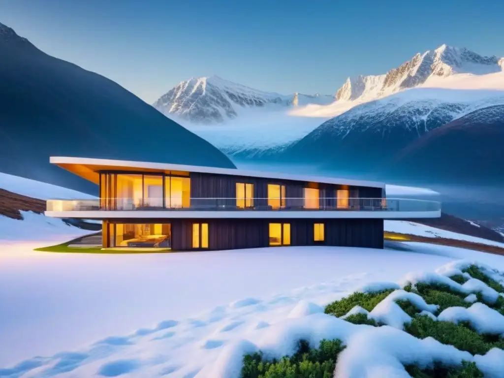 Eco-edificio futurista en montañas nevadas Arquitectura sustentable tendencias globales: Edificio futurista rodeado de montañas nevadas, paneles solares y ventanales reflejando la naturaleza