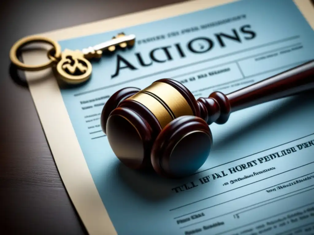 Subasta judicial: clave para adquirir propiedades Arte judicial: gavel, llave y documentos en remate, transmiten autoridad y conocimiento