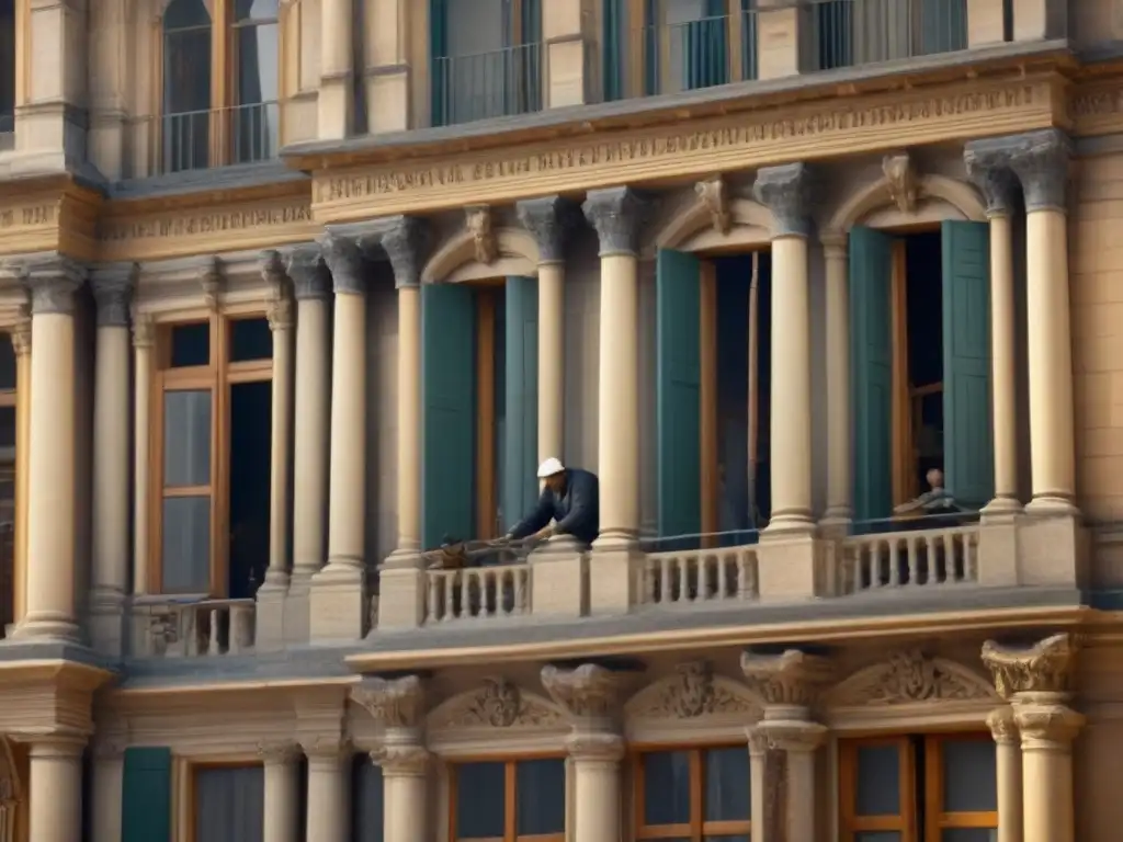Restauración detallada de edificio histórico por experto artesano Hábil artesano restaurando detalles arquitectónicos históricos en edificio antiguo