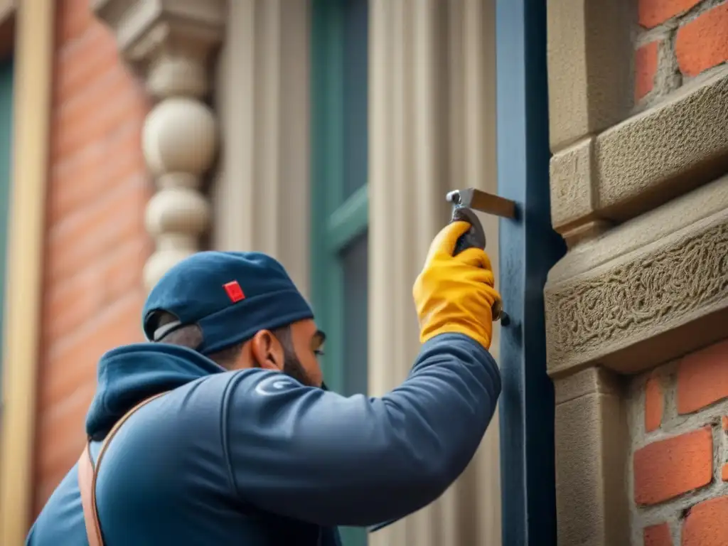 Restauración detallada de fachada histórica: artesanía y modernidad Artesano restaurando detalles en fachada histórica, destacando adaptación de espacios históricos