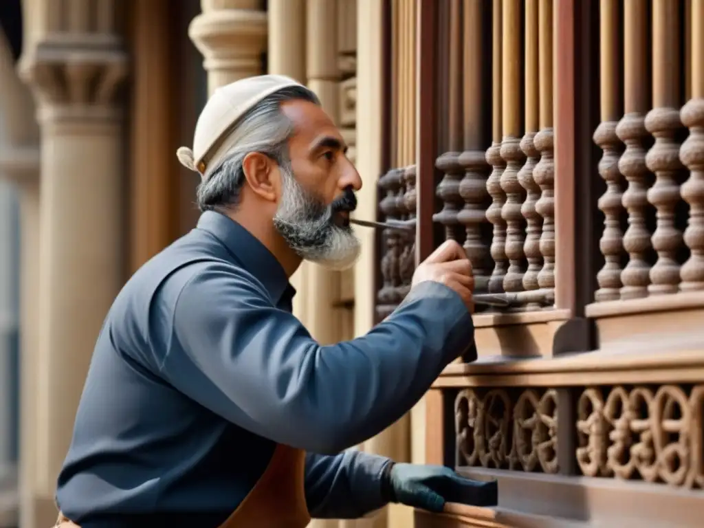Restauración artesanal de fachada histórica: tradición y modernidad Un artesano restaura con maestría detalles históricos en fachada, fusionando técnicas tradicionales y materiales modernos
