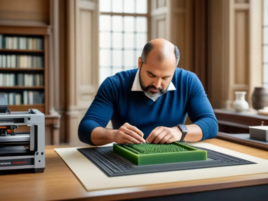 Artista experto: restauración histórica con impresión 3D Un artesano experto utiliza una impresora 3D para recrear detalles arquitectónicos de una propiedad histórica, fusionando tradición y tecnología
