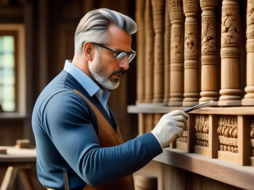 Restauración detallada de madera: artesano experto en acción Un artesano experto inspecciona detalladamente tallados de madera en restauración de infraestructuras de madera