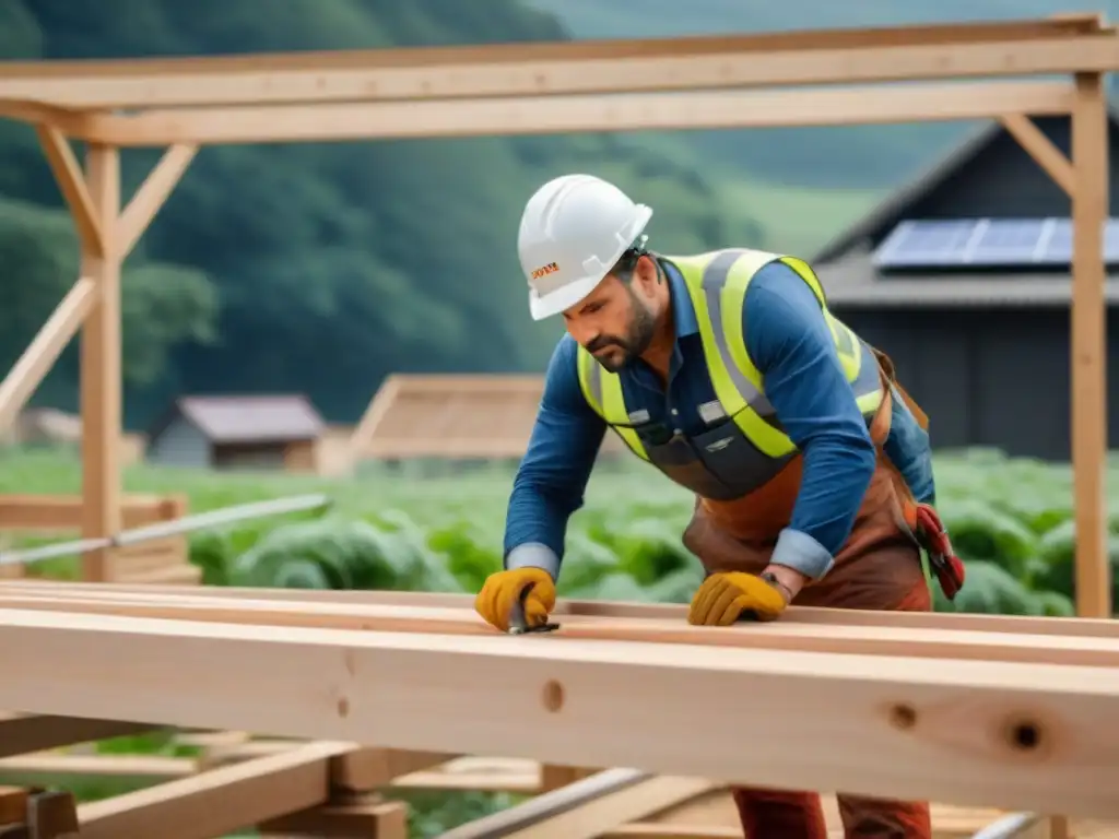 Artesano experto fusiona tradición y modernidad en construcción sostenible Un artesano experto usando técnicas de construcción de madera sustentable en un sitio moderno y ecológico