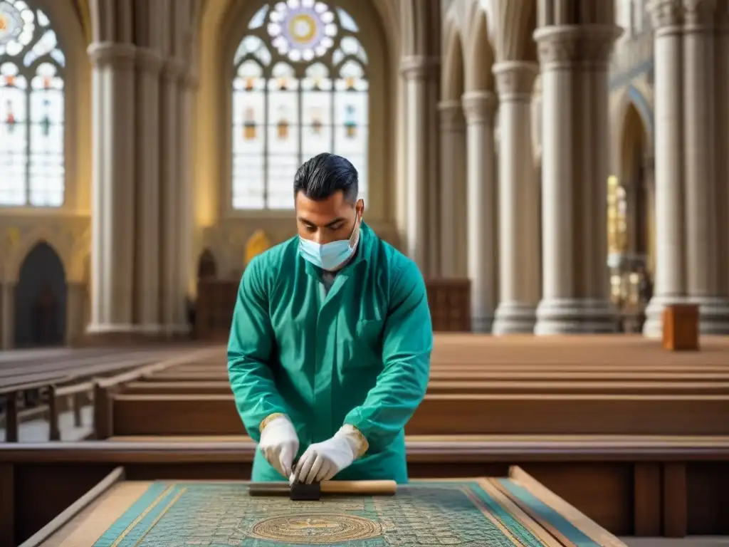 Restauración de Mosaicos Históricos: Arte y Precisión Un artesano meticuloso restaura mosaicos históricos con seguridad en una catedral iluminada por el sol