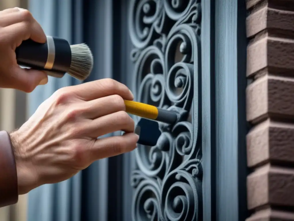 Restauración artesanal: devolviendo vida a una fachada histórica Un artesano restaura con precisión las delicadas tallas de una fachada histórica, mostrando la técnica en restauración de fachadas históricas