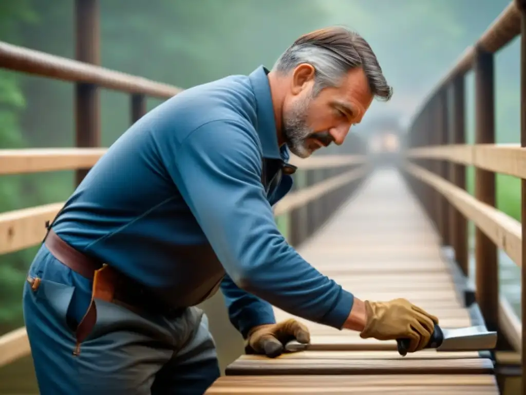 Artesano protegiendo puente de madera restaurado Un artesano aplicando cuidadosamente un recubrimiento protector a un puente de madera restaurado, destacando la restauración de infraestructuras de madera