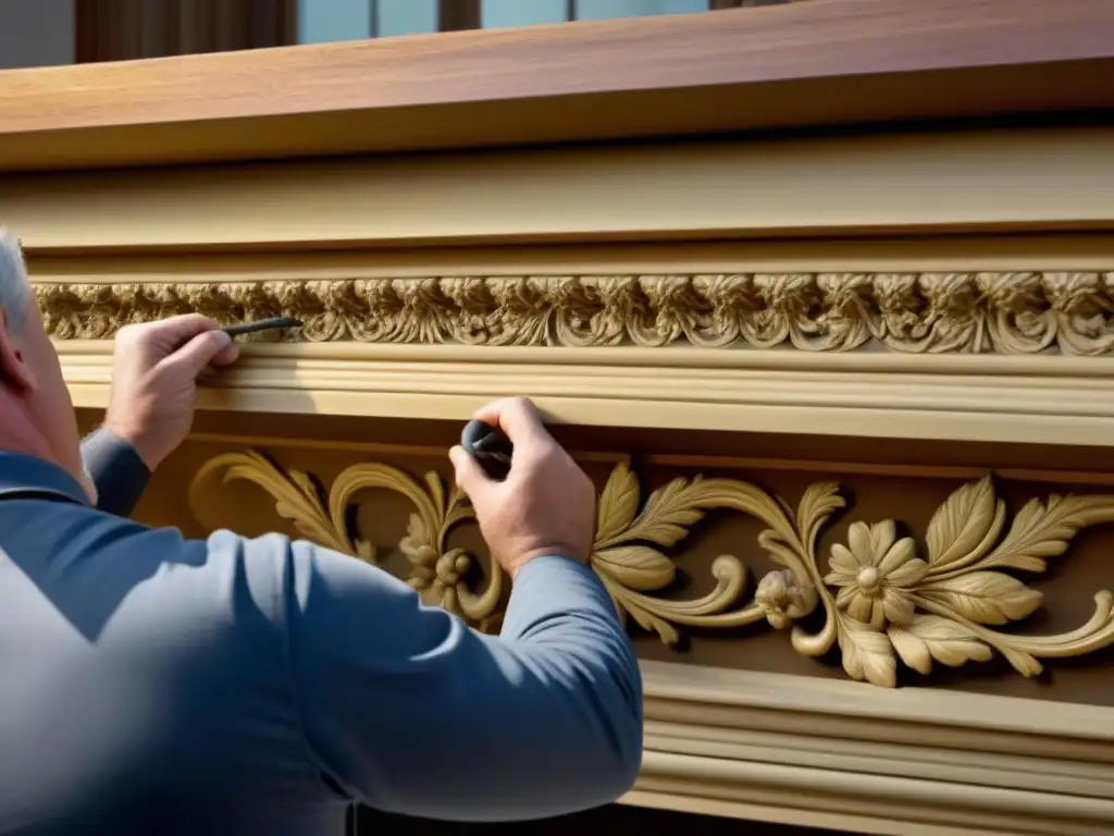 Restauración experta de interiores históricos con técnicas modernas Un artesano restaura con técnicas modernas un interior histórico, preservando la esencia del pasado