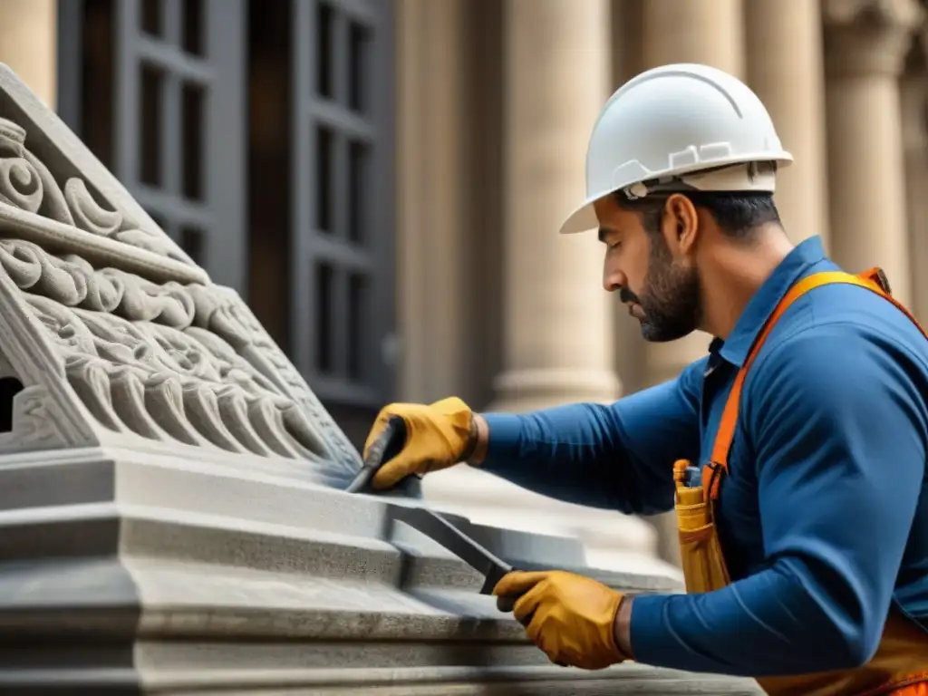 Restauración meticulosa de escultura antigua en edificio histórico Artesanos restaurando una escultura en fachada de edificio histórico, mezclando técnicas tradicionales con herramientas modernas
