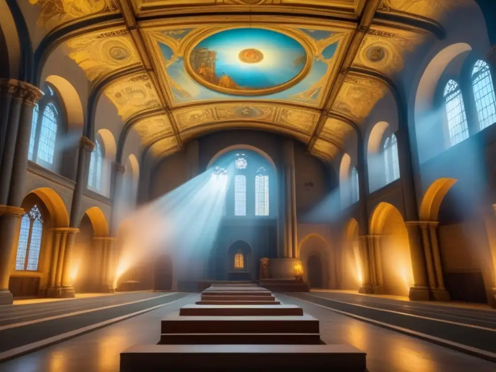 Restauración de frescos en catedral centenaria: arte en acción Artesanos restaurando frescos en catedral centenaria, destacando técnicas tradicionales y modernas
