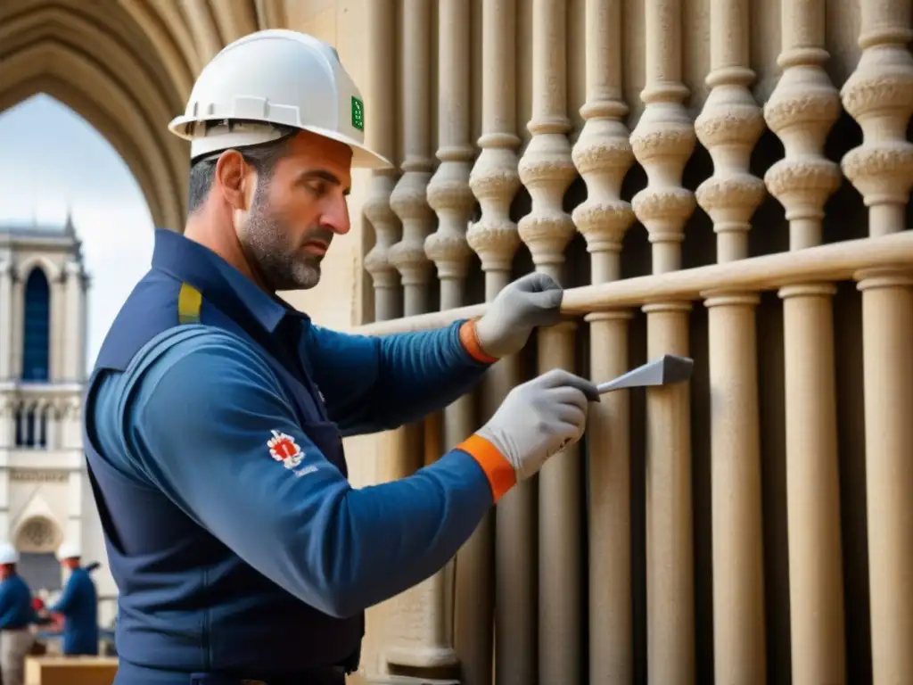 Artesanos restaurando con materiales tradicionales la fachada de Notre Dame, fusionando pasado y presente