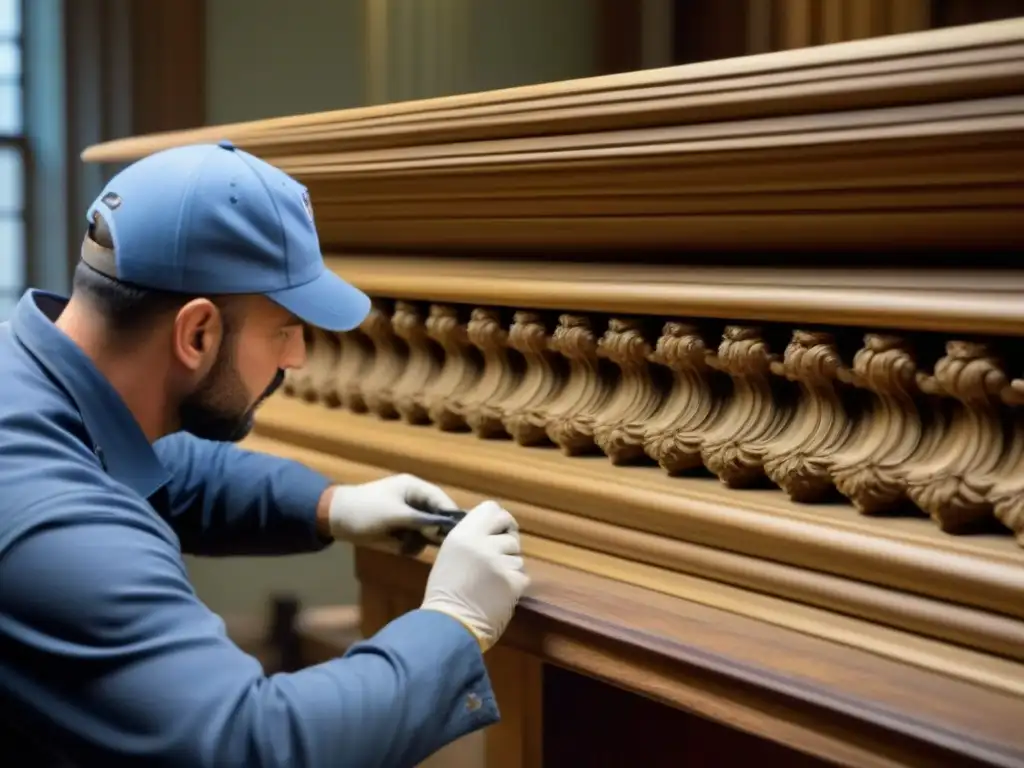 Restauración detallada: artesanos expertos devolviendo vida a la historia Artesanos restaurando detalladamente molduras en propiedad histórica