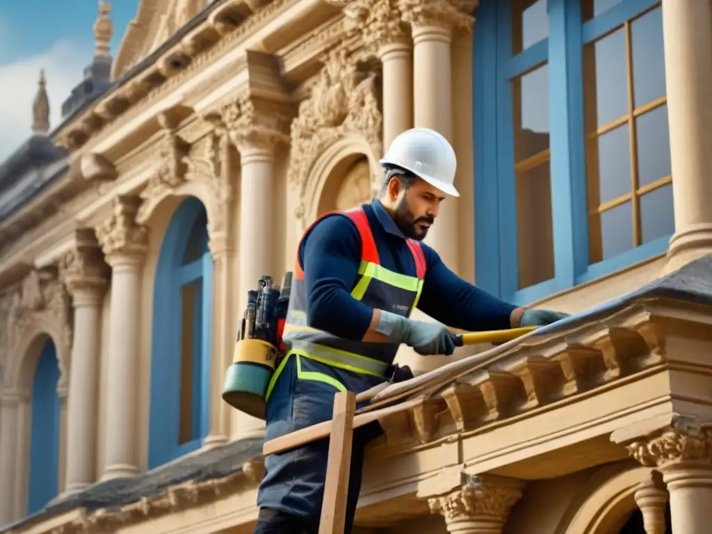 Restauración meticulosa de fachada histórica: tradición y modernidad Artista restaurando con precisión detalles arquitectónicos históricos en fachada majestuosa
