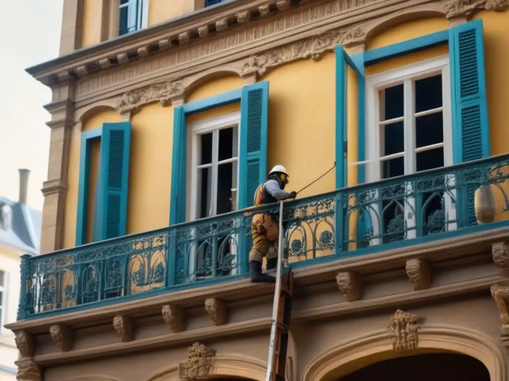Restauración detallada de fachada histórica: artesanía y precisión en 8k Artista restaurando detalles arquitectónicos históricos con delicadeza, rodeado de andamios y elementos antiguos