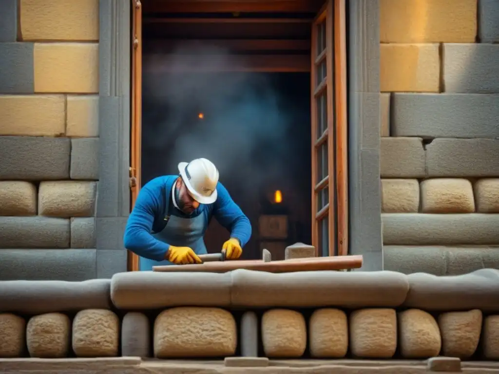 Restaurador experto reviviendo fachada histórica con precisión Artista restaurando detalles en fachada histórica con precisión y dedicación