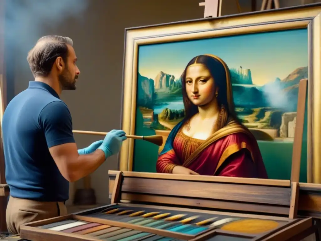Restaurador de arte centenario en acción: detalle y maestría Un artista experto en restauración histórica restaura una pintura centenaria en su estudio soleado, rodeado de pinceles y paletas de colores