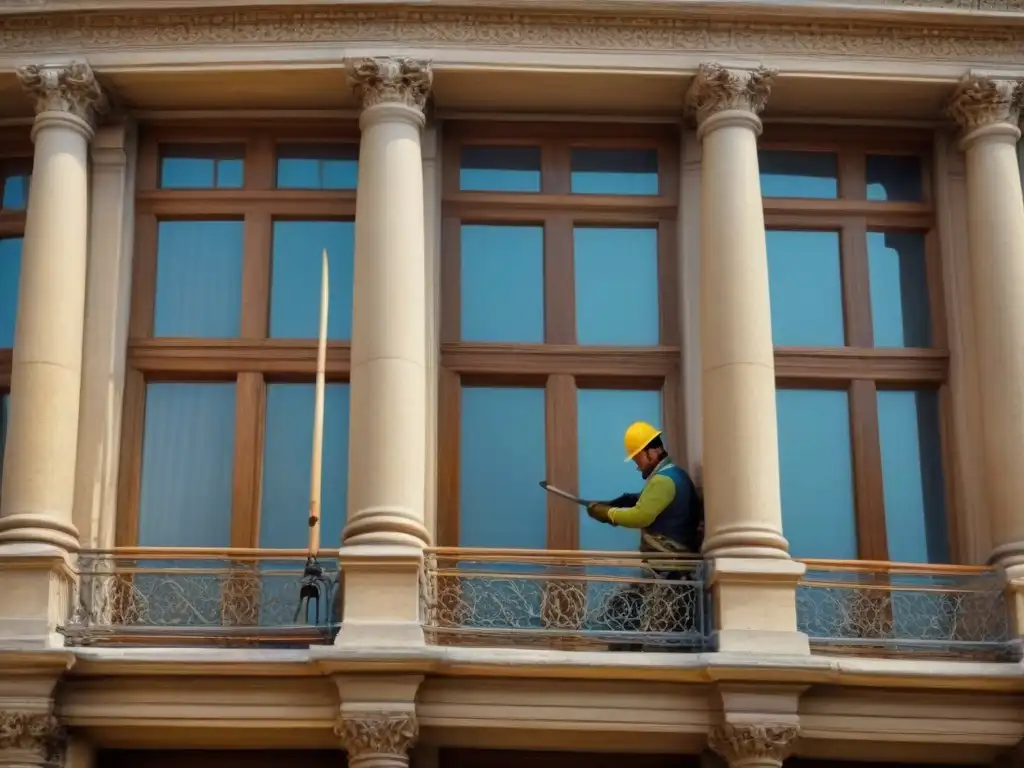 Restauración artesanal de fachada histórica: precisión y maestría en 8k Artista restaurando fachada histórica con detalle y destreza, resaltando la restauración de materiales tradicionales