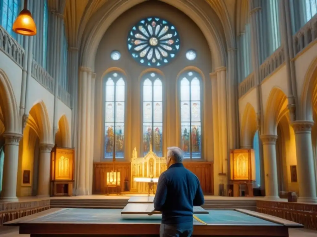 Artista restaurando fresco antiguo en catedral, mezcla de tradición y técnica moderna, Recursos para restauración histórica