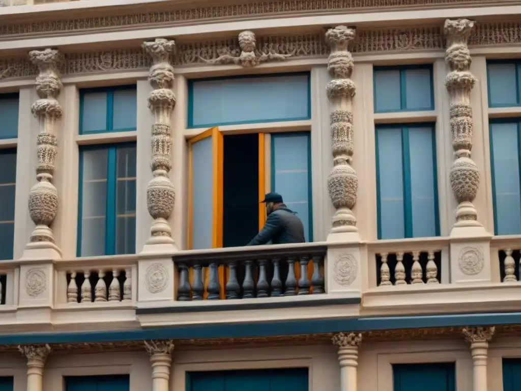 Restauración artesanal en ciudad moderna: equilibrio histórico Artista restaurando tallados en fachada histórica, fusionando tradición urbana con modernidad