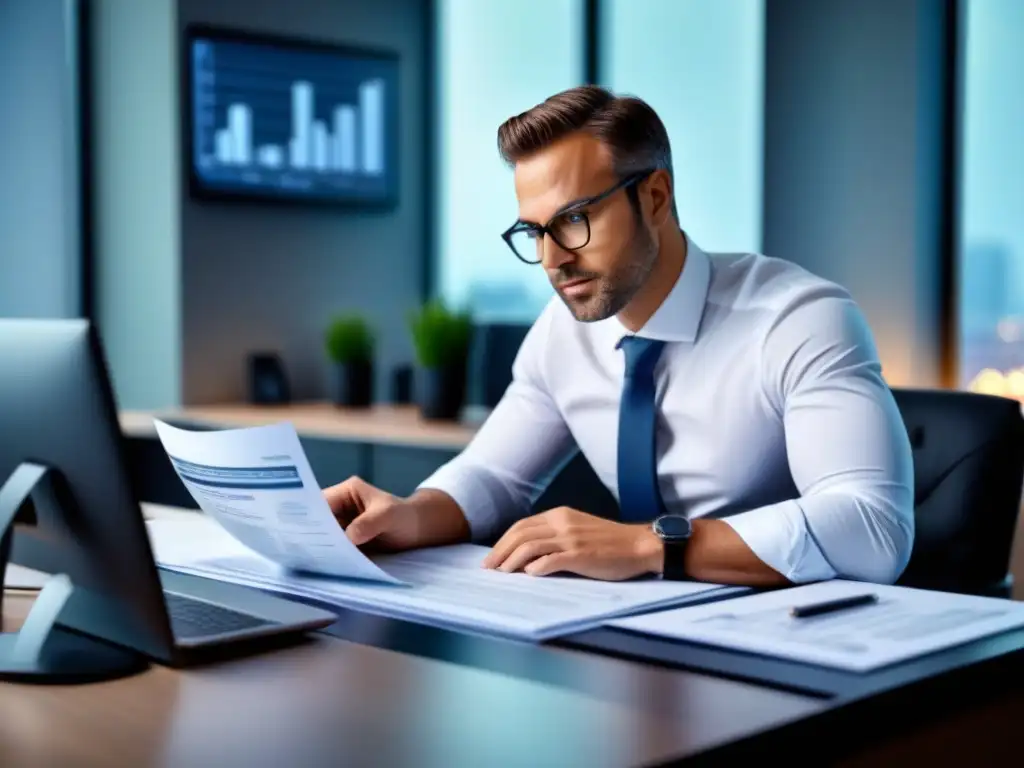 Experto en refinanciamiento: análisis detallado en oficina moderna Un asesor financiero experto analizando documentos de refinanciamiento en término hipoteca en una oficina moderna y elegante