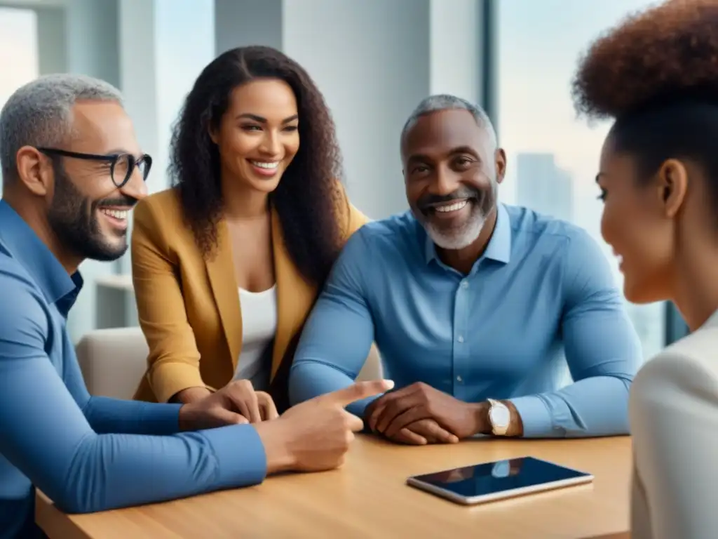 Reunión diversa para refinanciar hipotecas con experta financiera Una asesora financiera muestra opciones de refinanciamiento a una diversa familia en una oficina moderna y acogedora