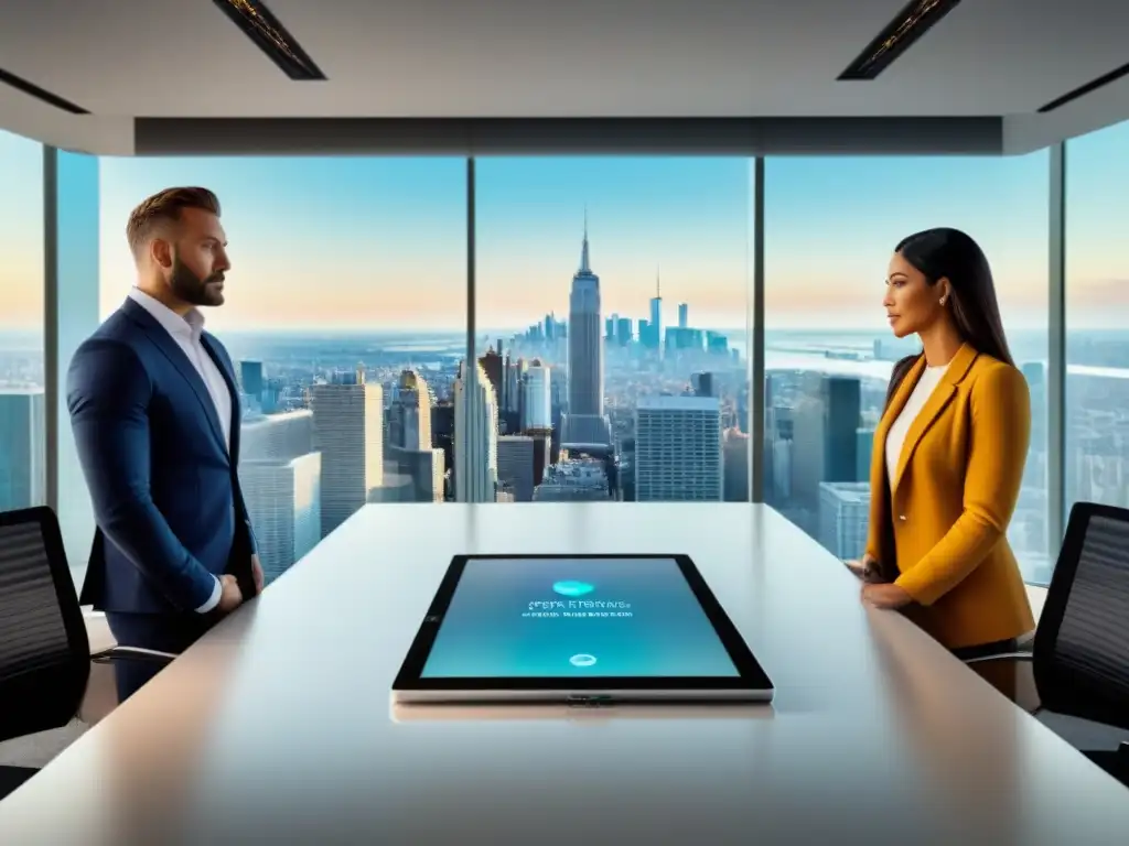 Equipo de asesores inmobiliarios en reunión estratégica en oficina moderna Asesores inmobiliarios en plataformas online, reunidos en una oficina moderna con tecnología futurista y vista panorámica de la ciudad