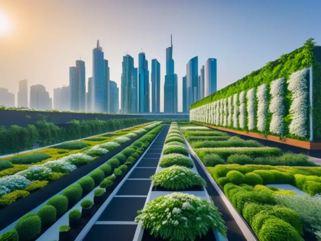 Horizonte urbano sostenible: armonía entre naturaleza y ciudad Atardecer cálido sobre una ciudad futurista verde con estrategias de inversión en infraestructura verde