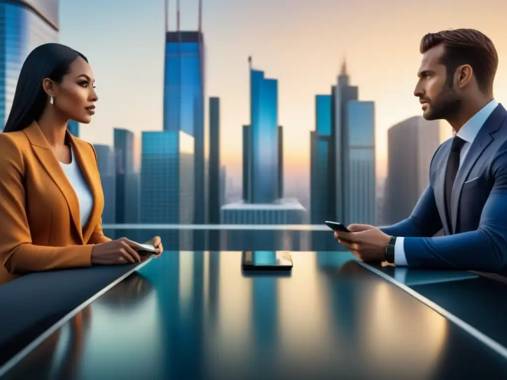 Metrópolis futurista: negocios y tecnología 8k Un atardecer cálido ilumina una ciudad futurista con rascacielos, financistas y gráficos de Swaps de tasas de interés inmobiliaria