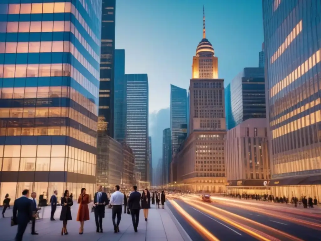 Escena urbana: Inversiones inmobiliarias en la ciudad Atardecer en la ciudad: balance rentabilidad riesgo inversiones inmobiliarias con profesionales y rascacielos iluminados