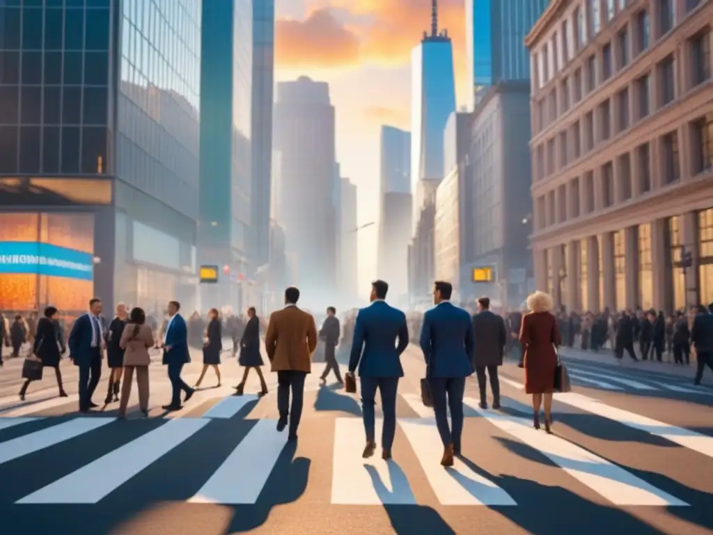 Vibrante ciudad multicultural con negocios en acción al atardecer Un atardecer en una ciudad moderna reflejado en rascacielos, con gente diversa caminando en la calle