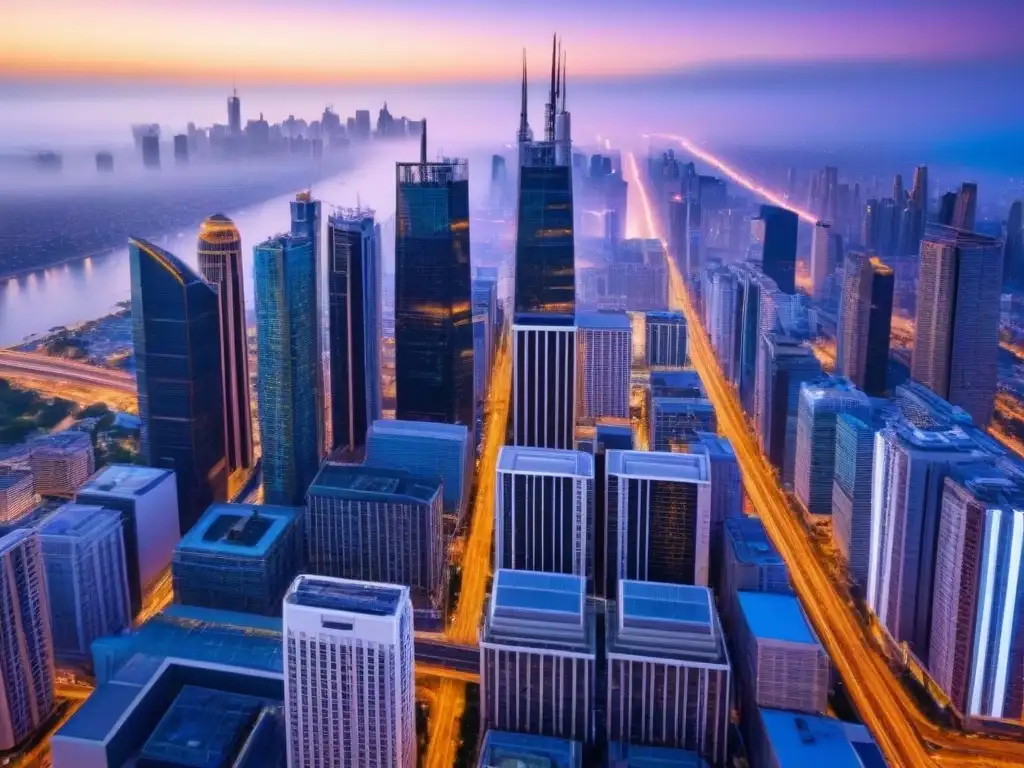 Espectacular ciudad moderna iluminada al anochecer Un atardecer deslumbrante en la ciudad: edificios iluminados, calles bulliciosas y tráfico
