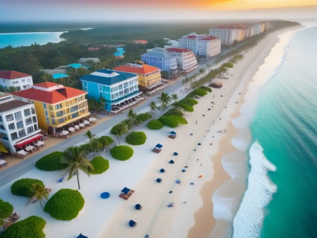 Vista aérea de un destino turístico vibrante y exclusivo Atardecer dorado en animado pueblo playero con casas de vacaciones, resorts y rascacielos