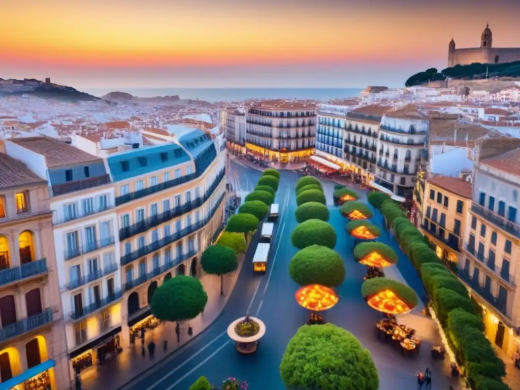 Espléndida vista aérea de ciudad española: tradición y modernidad en 2023 Atardecer dorado sobre ciudad española con arquitectura histórica y rascacielos modernos