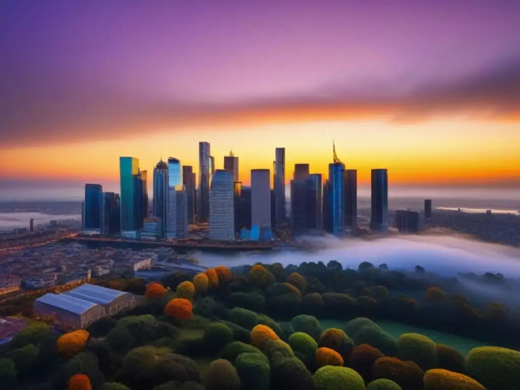 Horizonte urbano dorado: oportunidades inmobiliarias en alza Atardecer dorado en una ciudad moderna y vibrante, reflejando el crecimiento y oportunidades en el mercado inmobiliario ante tendencias económicas