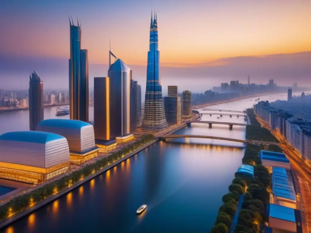 Metrópolis futurista: skyline 8k con río y arquitectura variada Un atardecer dorado ilumina la ciudad moderna con rascacielos y transporte futurista
