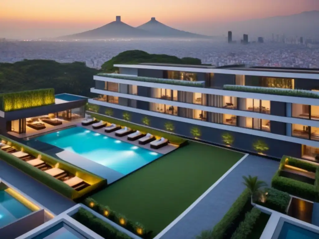 Residencial de lujo en CDMX: Exclusividad y sofisticación Atardecer dorado en complejo residencial de lujo en CDMX