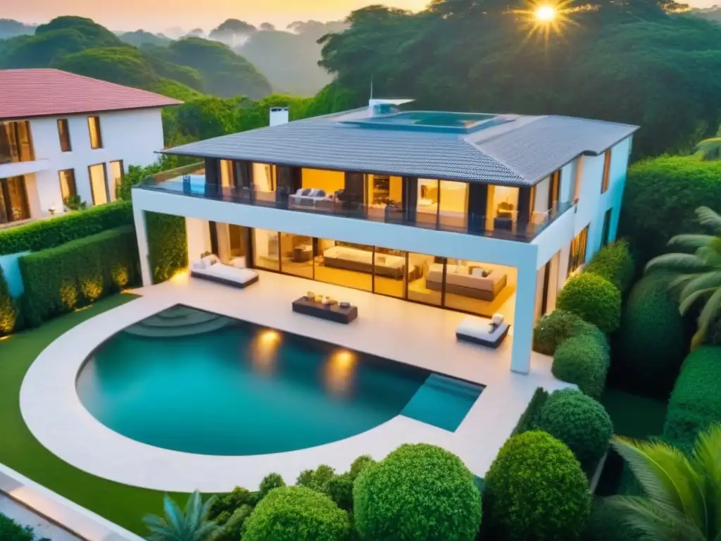 Espectacular mansión moderna: drone captura atardecer dorado Un atardecer dorado ilumina una lujosa mansión moderna rodeada de vegetación exuberante y una piscina reluciente, capturada por un dron