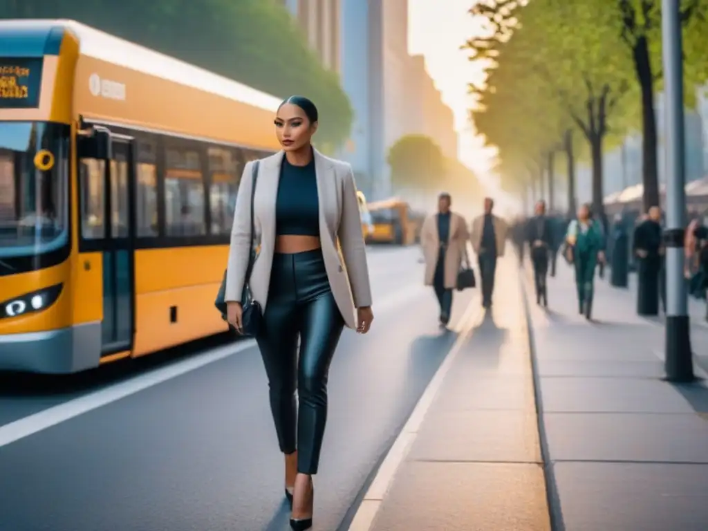 Vida urbana sostenible: ciudad moderna al atardecer Atardecer dorado ilumina moderna calle urbana con diversidad de peatones y transporte sostenible