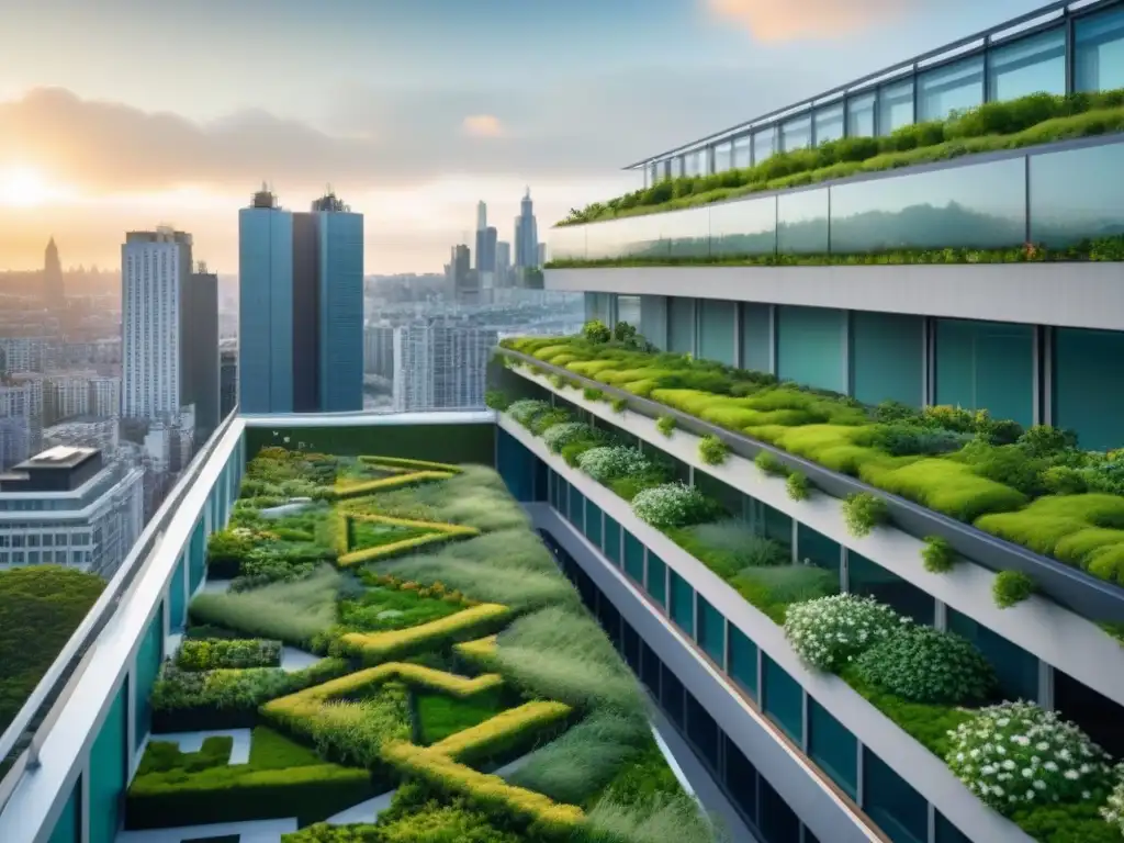 Horizonte urbano futurista: arquitectura verde en contraste Atardecer dorado sobre moderna ciudad futurista con techos verdes y muros vivos